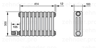 Схема (чертеж) Радиатор Zehnder Charleston 3030/9 №V004 Белый глянцевый RAL 9016